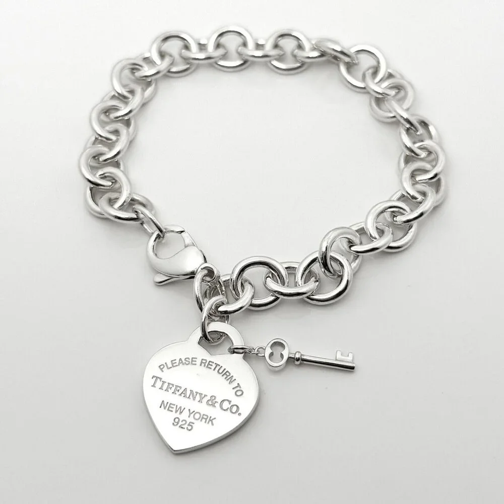 Please Return to Tiffany Heart Tag Charm Key Bracelet Medium 7.5" - Picture 1 of 5
